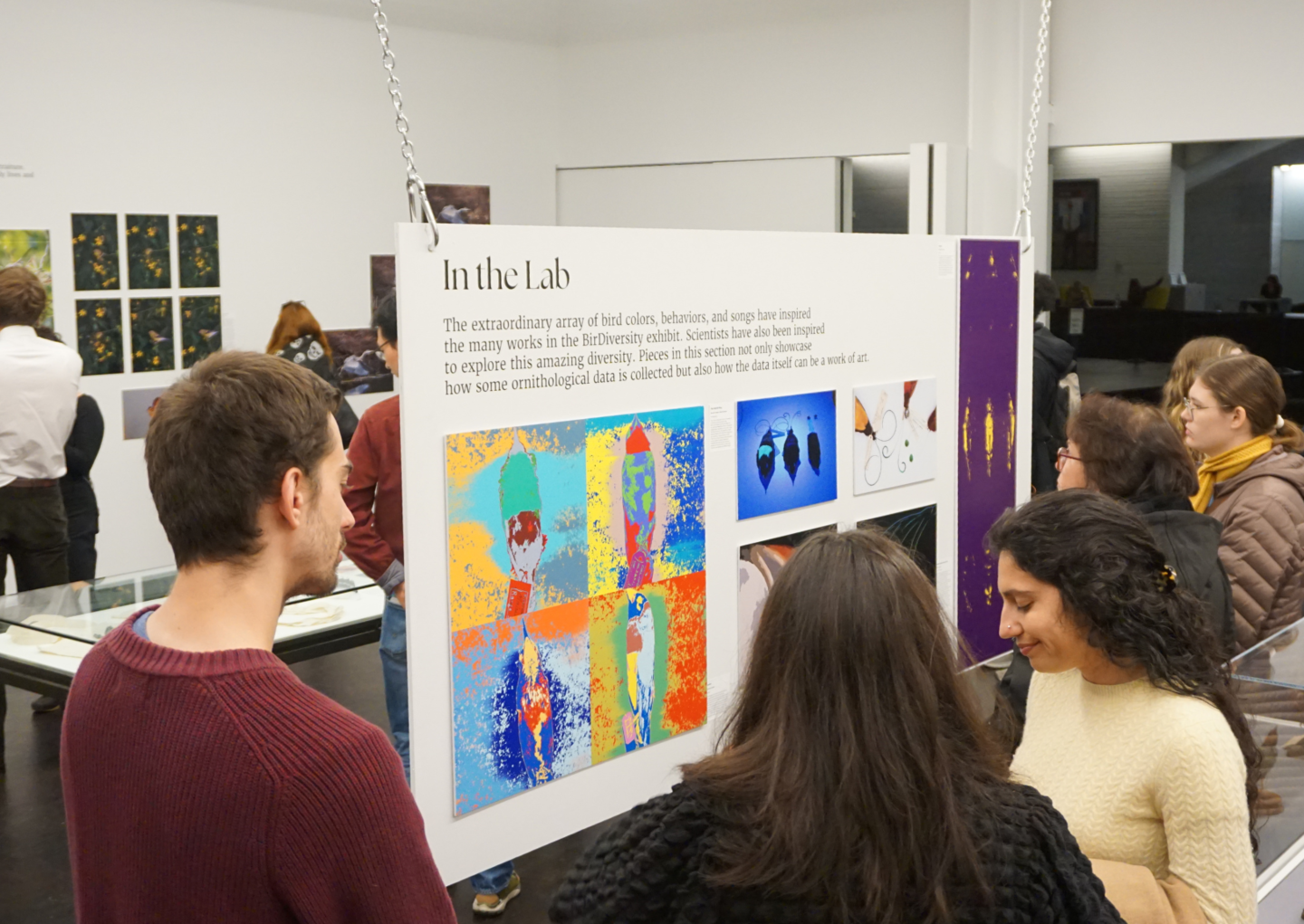 people looking at and discussing exhibition art