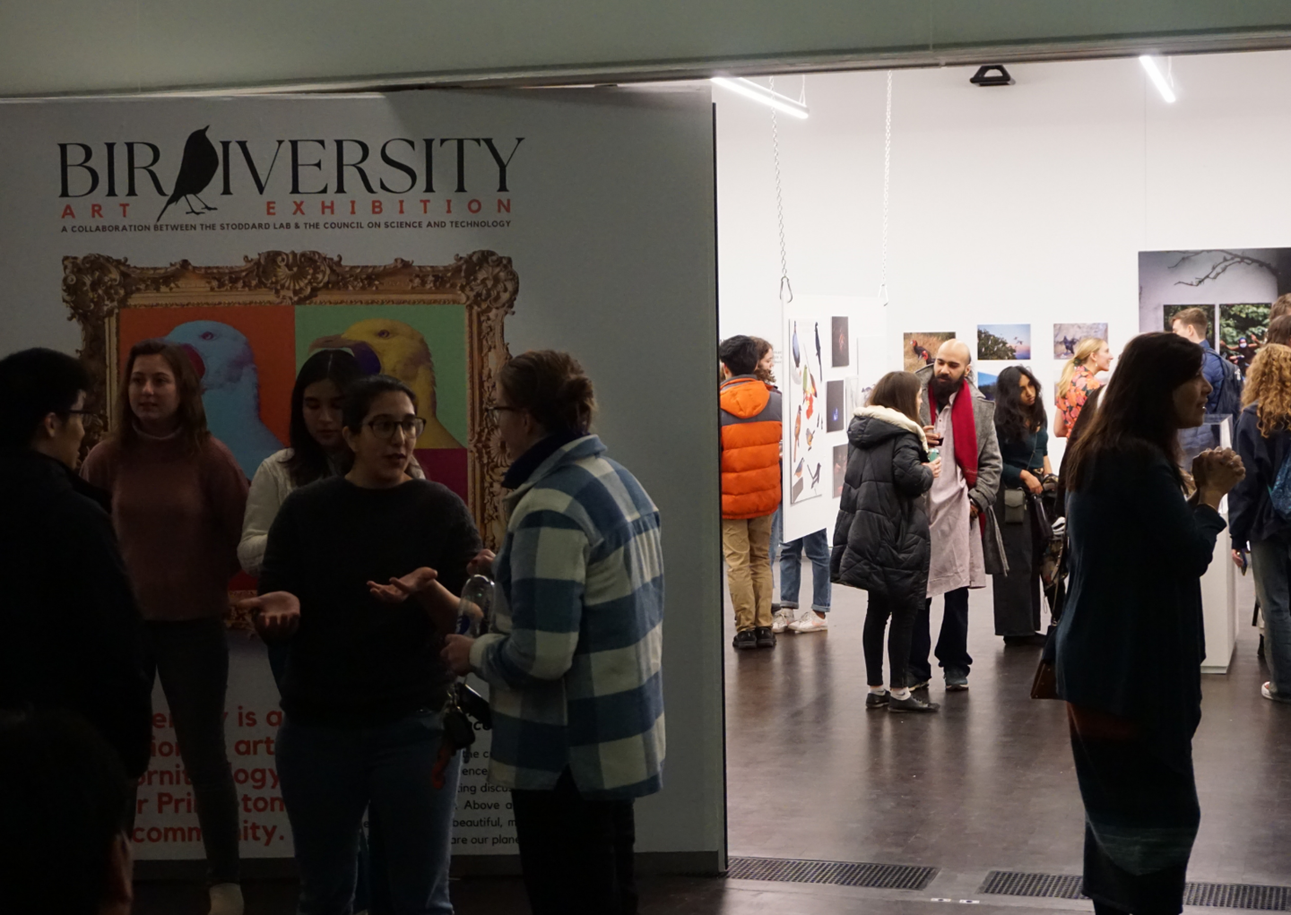 people looking at and discussing exhibition art