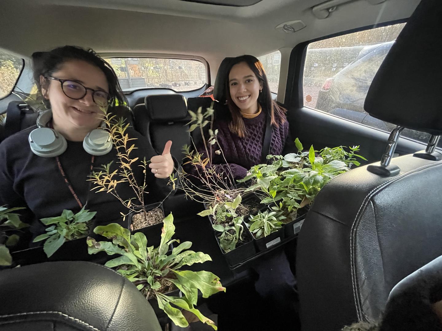 students in the back of a car holding potted plants to be added to the PBBP pollinator garden