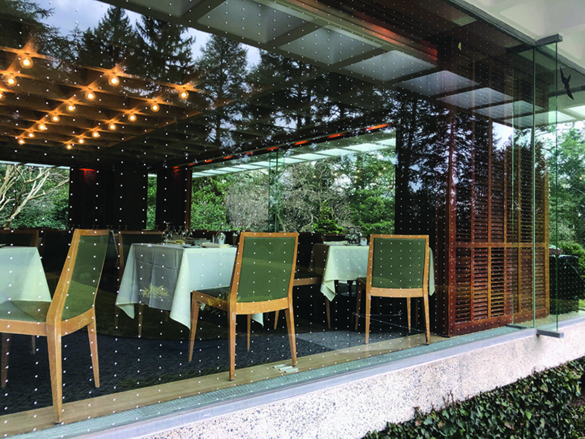 image of prospect house with bird-safe dots applied on the window