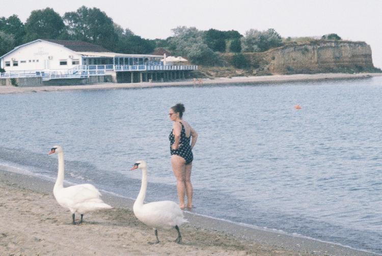 a woman and two swans