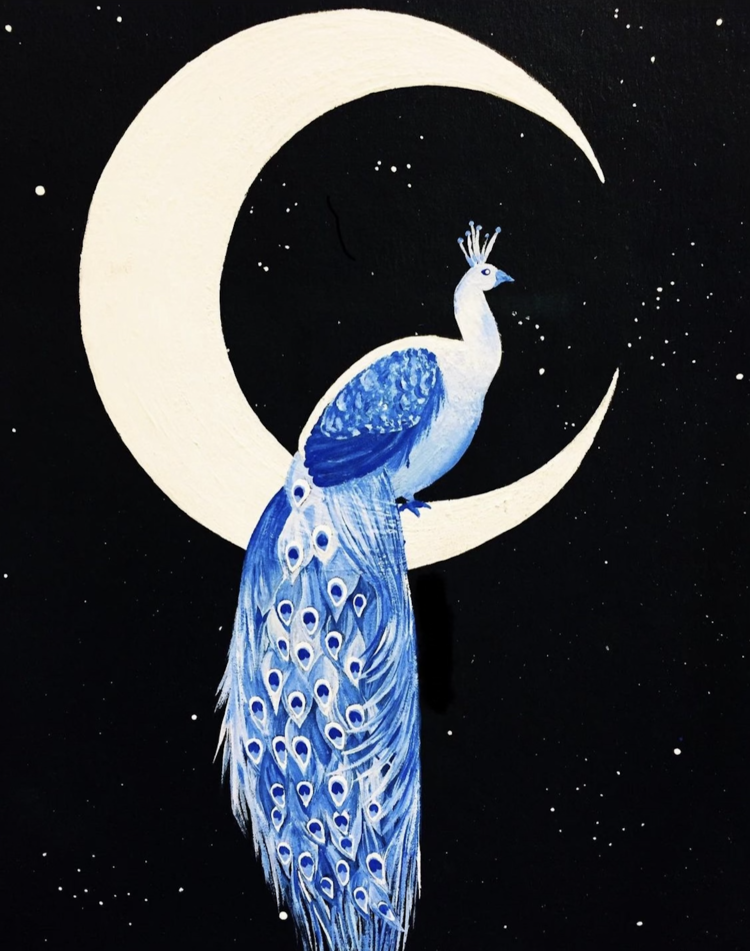 painting of a blue peacock sitting on a crescent moon in the night sky